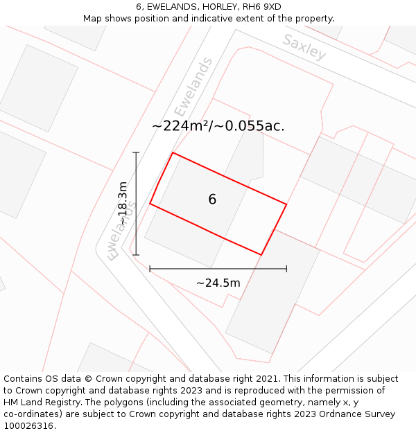 6, EWELANDS, HORLEY, RH6 9XD: Plot and title map