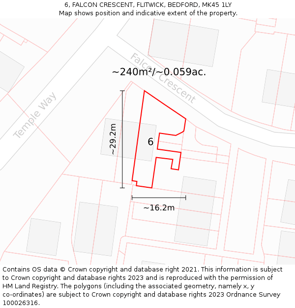 6, FALCON CRESCENT, FLITWICK, BEDFORD, MK45 1LY: Plot and title map