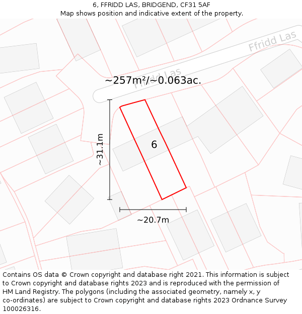 6, FFRIDD LAS, BRIDGEND, CF31 5AF: Plot and title map