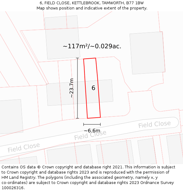6, FIELD CLOSE, KETTLEBROOK, TAMWORTH, B77 1BW: Plot and title map