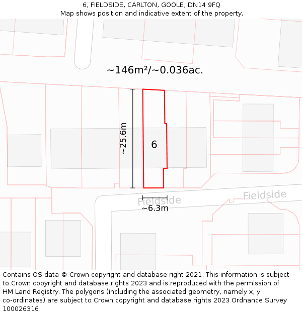 6, FIELDSIDE, CARLTON, GOOLE, DN14 9FQ: Plot and title map