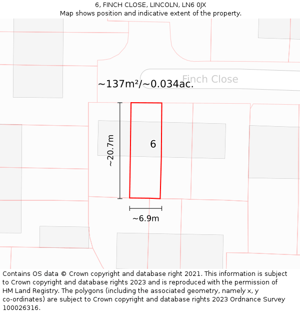 6, FINCH CLOSE, LINCOLN, LN6 0JX: Plot and title map