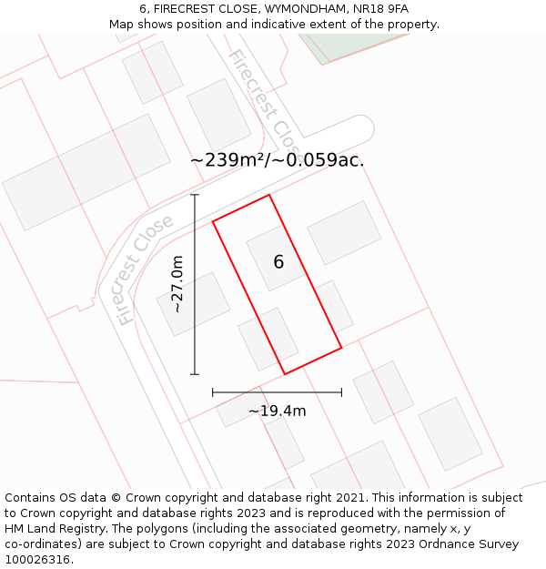 6, FIRECREST CLOSE, WYMONDHAM, NR18 9FA: Plot and title map