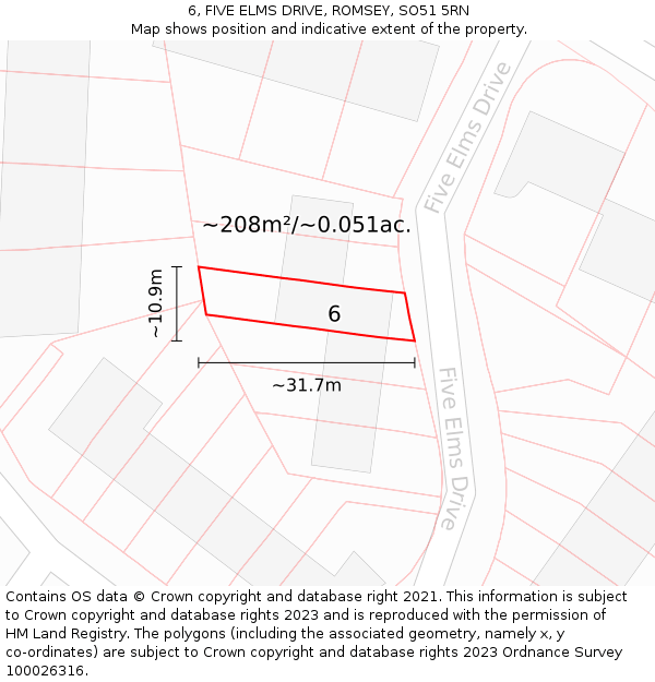 6, FIVE ELMS DRIVE, ROMSEY, SO51 5RN: Plot and title map