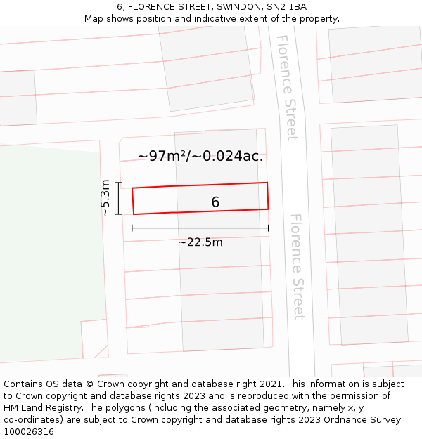 6, FLORENCE STREET, SWINDON, SN2 1BA: Plot and title map