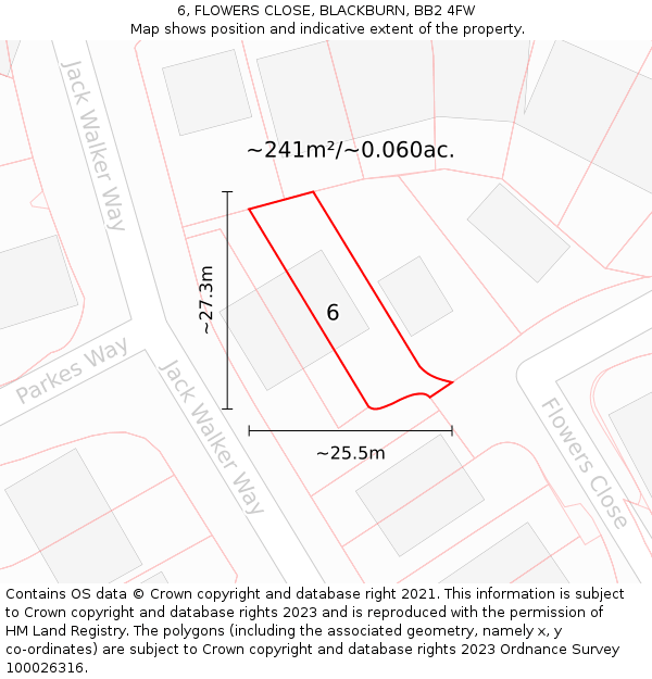 6, FLOWERS CLOSE, BLACKBURN, BB2 4FW: Plot and title map