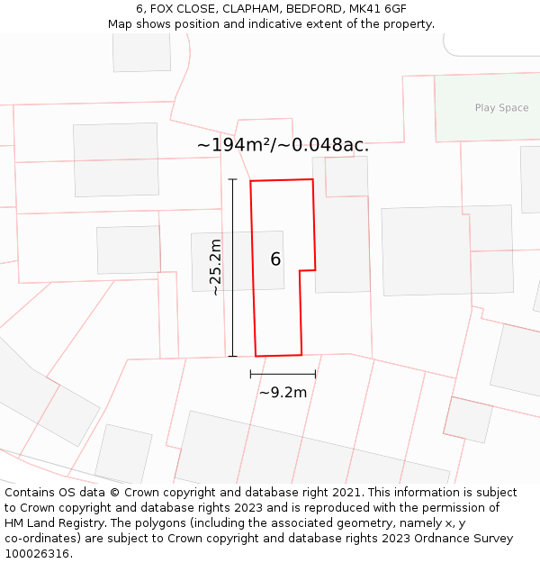 6, FOX CLOSE, CLAPHAM, BEDFORD, MK41 6GF: Plot and title map