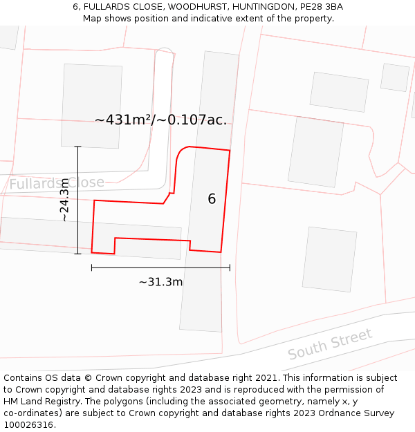 6, FULLARDS CLOSE, WOODHURST, HUNTINGDON, PE28 3BA: Plot and title map