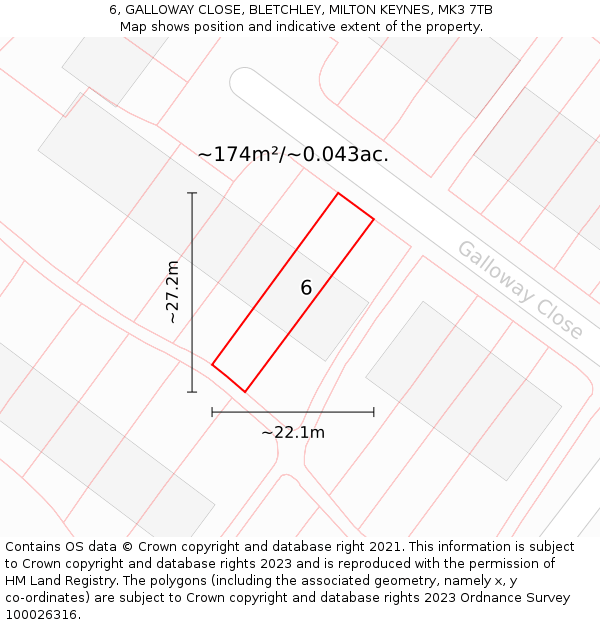 6, GALLOWAY CLOSE, BLETCHLEY, MILTON KEYNES, MK3 7TB: Plot and title map
