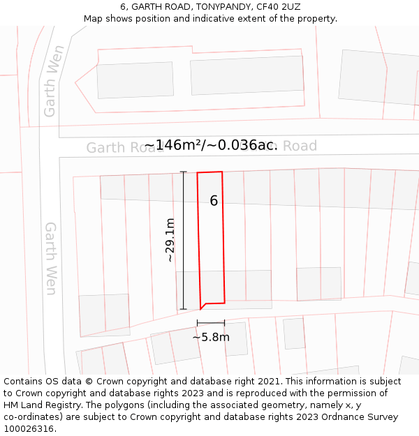 6, GARTH ROAD, TONYPANDY, CF40 2UZ: Plot and title map