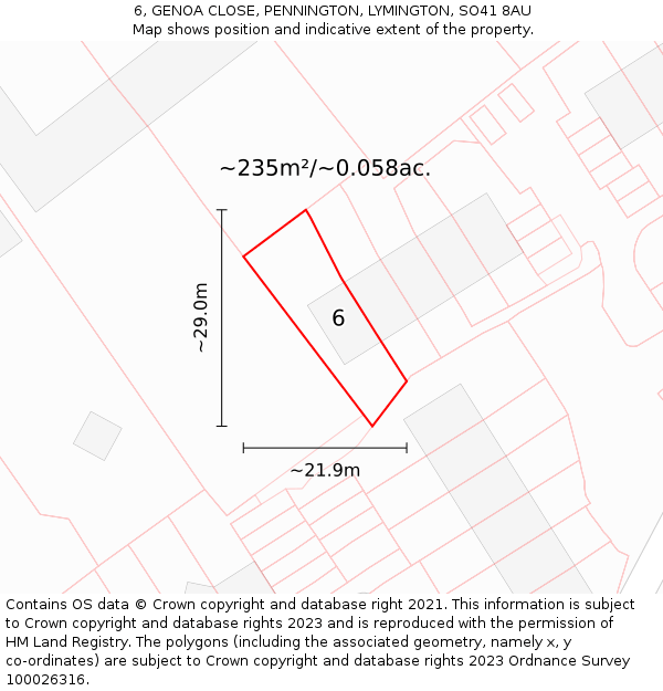 6, GENOA CLOSE, PENNINGTON, LYMINGTON, SO41 8AU: Plot and title map