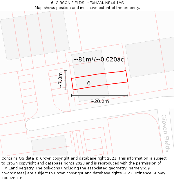 6, GIBSON FIELDS, HEXHAM, NE46 1AS: Plot and title map