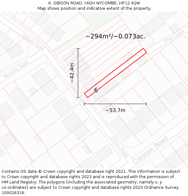 6, GIBSON ROAD, HIGH WYCOMBE, HP12 4QW: Plot and title map
