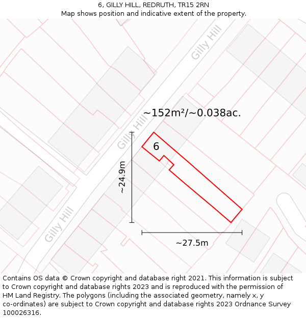 6, GILLY HILL, REDRUTH, TR15 2RN: Plot and title map