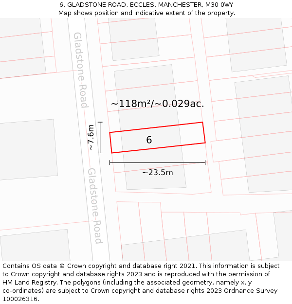 6, GLADSTONE ROAD, ECCLES, MANCHESTER, M30 0WY: Plot and title map