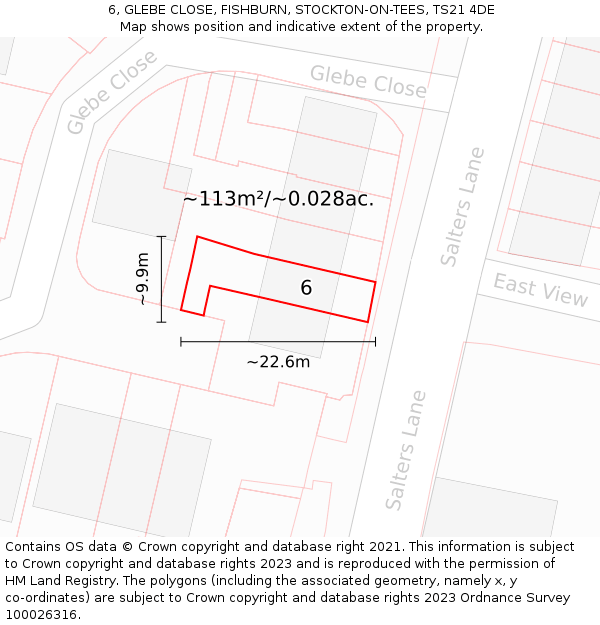 6, GLEBE CLOSE, FISHBURN, STOCKTON-ON-TEES, TS21 4DE: Plot and title map