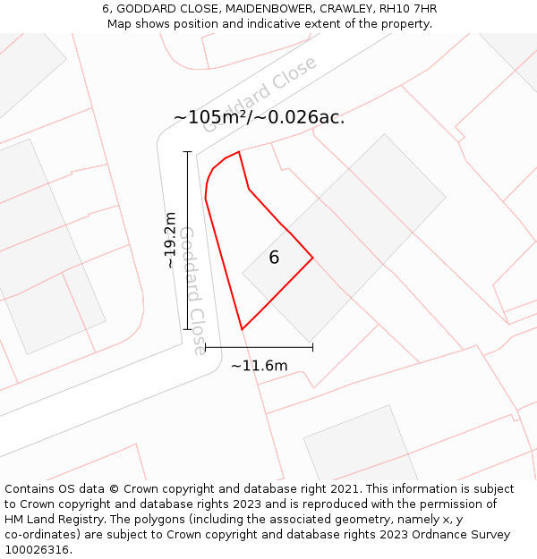 6, GODDARD CLOSE, MAIDENBOWER, CRAWLEY, RH10 7HR: Plot and title map