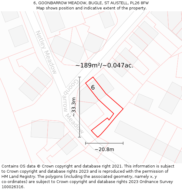 6, GOONBARROW MEADOW, BUGLE, ST AUSTELL, PL26 8FW: Plot and title map