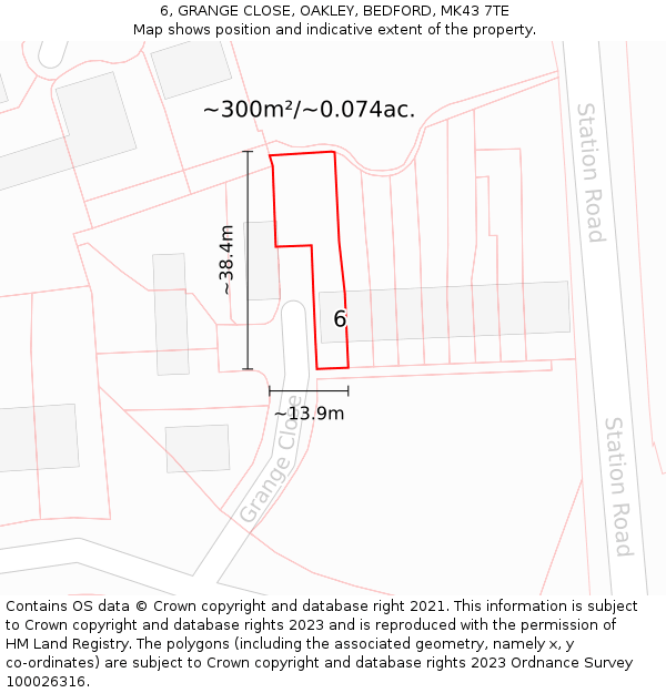 6, GRANGE CLOSE, OAKLEY, BEDFORD, MK43 7TE: Plot and title map