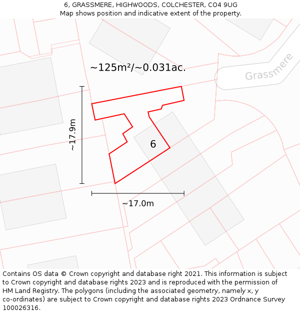 6, GRASSMERE, HIGHWOODS, COLCHESTER, CO4 9UG: Plot and title map