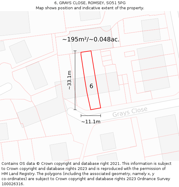 6, GRAYS CLOSE, ROMSEY, SO51 5PG: Plot and title map