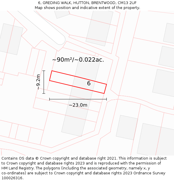 6, GREDING WALK, HUTTON, BRENTWOOD, CM13 2UF: Plot and title map