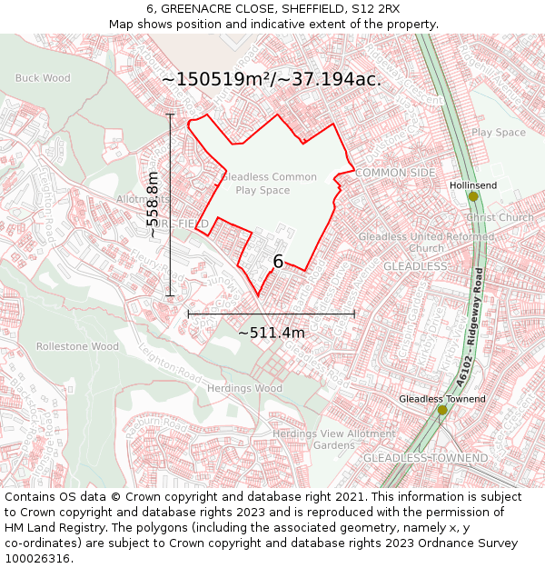 6, GREENACRE CLOSE, SHEFFIELD, S12 2RX: Plot and title map