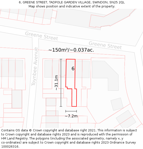 6, GREENE STREET, TADPOLE GARDEN VILLAGE, SWINDON, SN25 2QL: Plot and title map