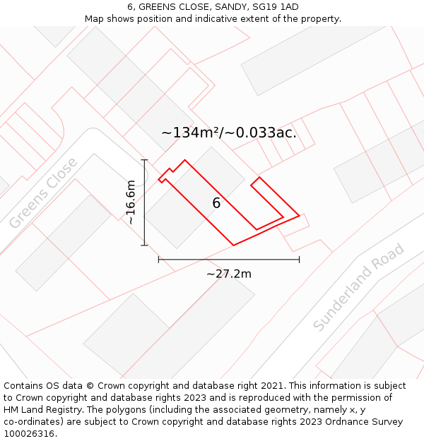 6, GREENS CLOSE, SANDY, SG19 1AD: Plot and title map