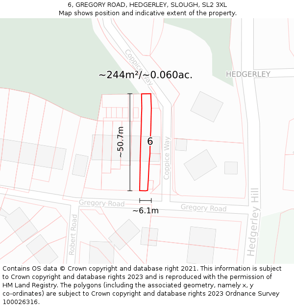 6, GREGORY ROAD, HEDGERLEY, SLOUGH, SL2 3XL: Plot and title map