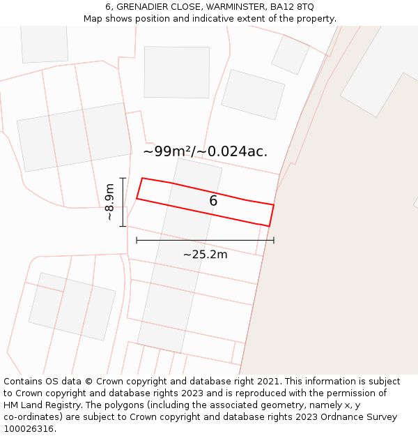 6, GRENADIER CLOSE, WARMINSTER, BA12 8TQ: Plot and title map