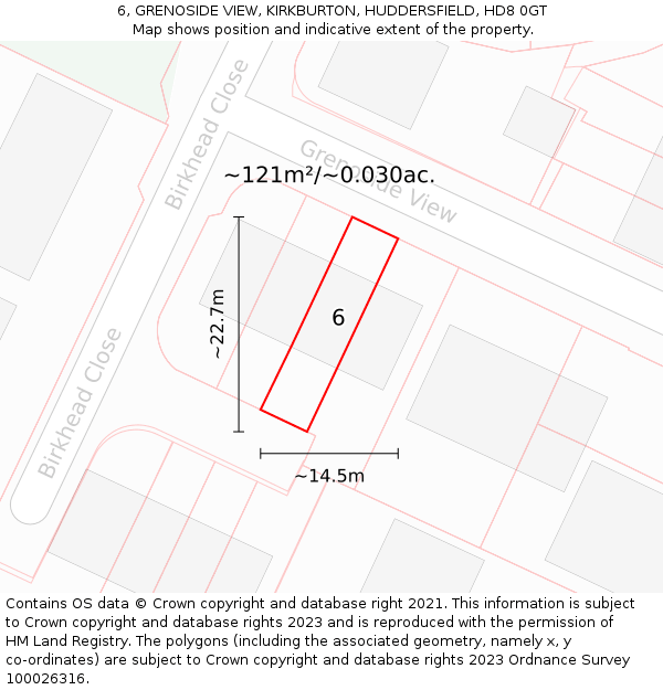6, GRENOSIDE VIEW, KIRKBURTON, HUDDERSFIELD, HD8 0GT: Plot and title map