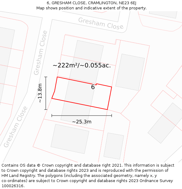 6, GRESHAM CLOSE, CRAMLINGTON, NE23 6EJ: Plot and title map