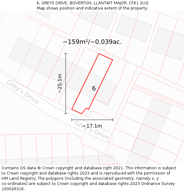 6, GREYS DRIVE, BOVERTON, LLANTWIT MAJOR, CF61 2UQ: Plot and title map