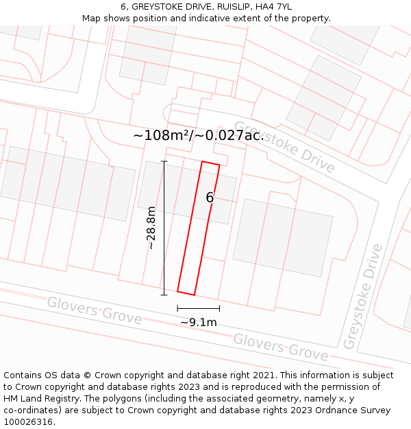 6, GREYSTOKE DRIVE, RUISLIP, HA4 7YL: Plot and title map