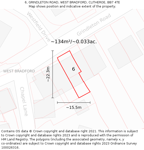6, GRINDLETON ROAD, WEST BRADFORD, CLITHEROE, BB7 4TE: Plot and title map