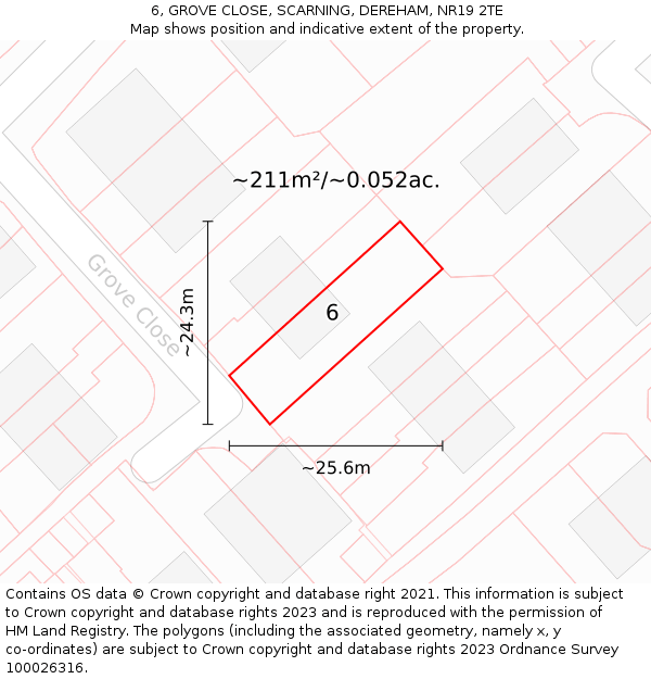 6, GROVE CLOSE, SCARNING, DEREHAM, NR19 2TE: Plot and title map