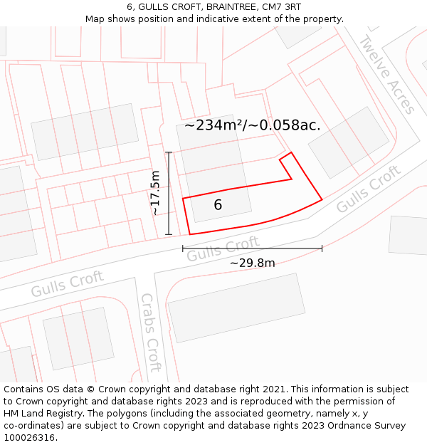 6, GULLS CROFT, BRAINTREE, CM7 3RT: Plot and title map