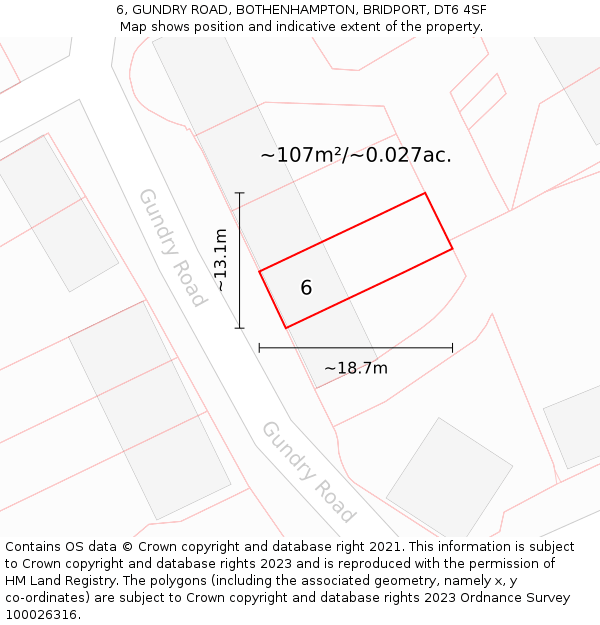 6, GUNDRY ROAD, BOTHENHAMPTON, BRIDPORT, DT6 4SF: Plot and title map