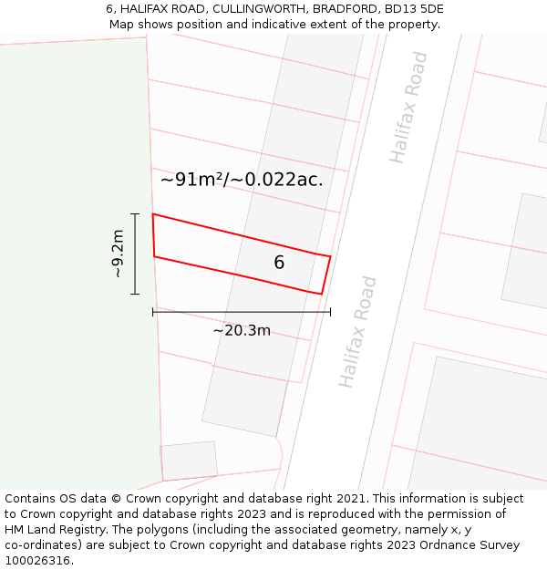 6, HALIFAX ROAD, CULLINGWORTH, BRADFORD, BD13 5DE: Plot and title map
