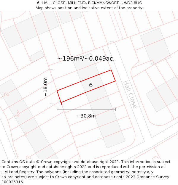 6, HALL CLOSE, MILL END, RICKMANSWORTH, WD3 8US: Plot and title map