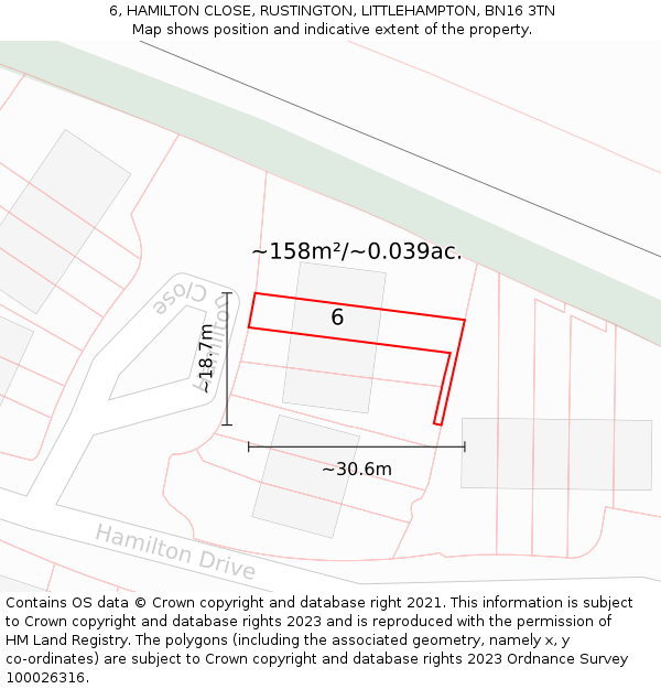 6, HAMILTON CLOSE, RUSTINGTON, LITTLEHAMPTON, BN16 3TN: Plot and title map