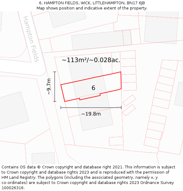 6, HAMPTON FIELDS, WICK, LITTLEHAMPTON, BN17 6JB: Plot and title map