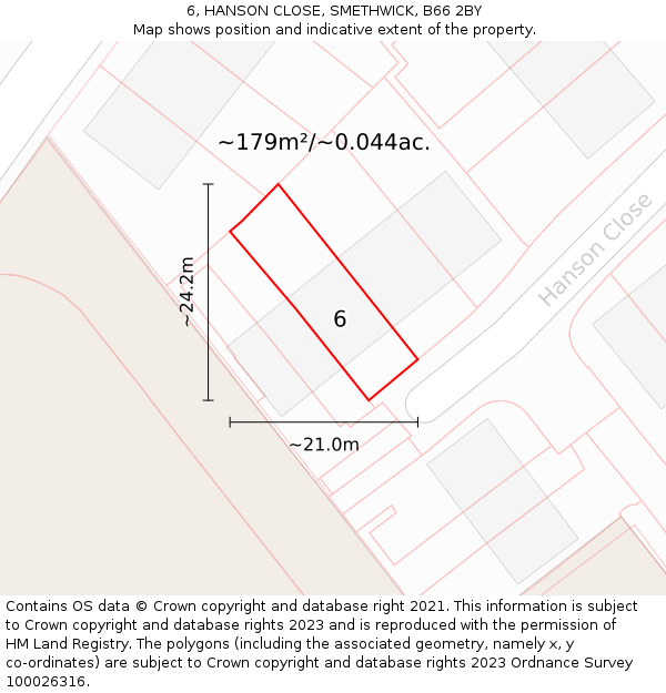 6, HANSON CLOSE, SMETHWICK, B66 2BY: Plot and title map