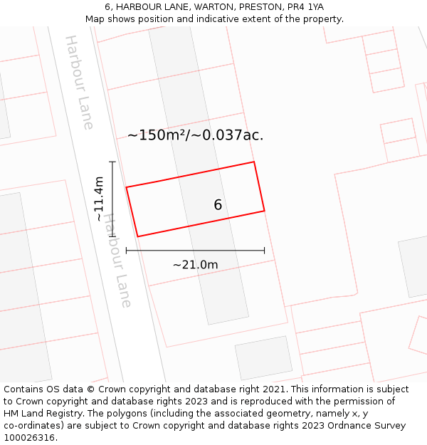 6, HARBOUR LANE, WARTON, PRESTON, PR4 1YA: Plot and title map