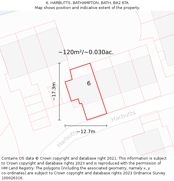 6, HARBUTTS, BATHAMPTON, BATH, BA2 6TA: Plot and title map