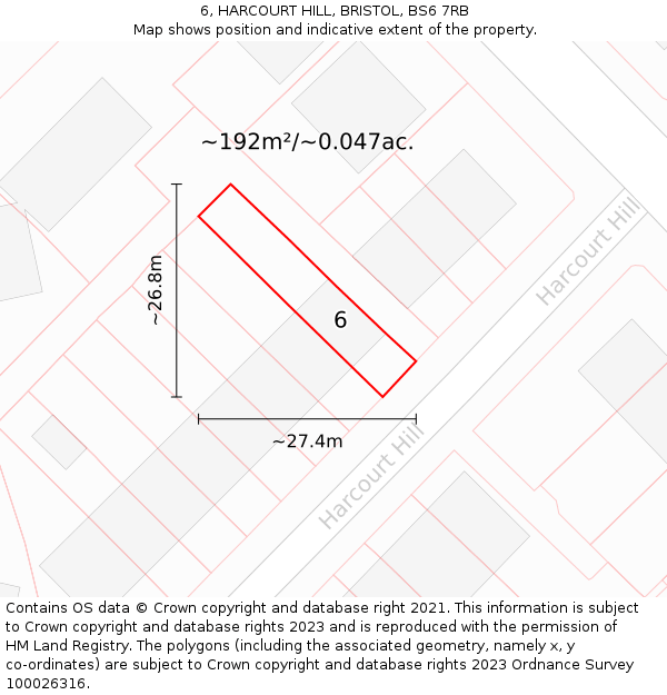 6, HARCOURT HILL, BRISTOL, BS6 7RB: Plot and title map