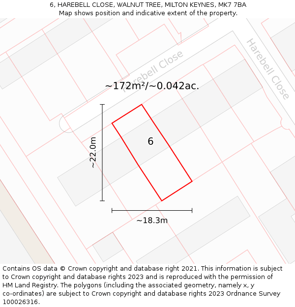 6, HAREBELL CLOSE, WALNUT TREE, MILTON KEYNES, MK7 7BA: Plot and title map