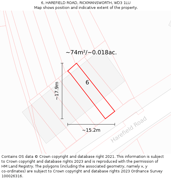 6, HAREFIELD ROAD, RICKMANSWORTH, WD3 1LU: Plot and title map