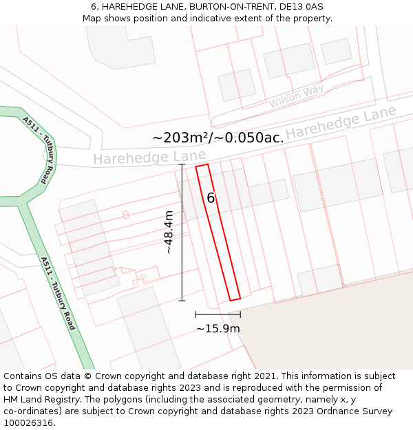 6, HAREHEDGE LANE, BURTON-ON-TRENT, DE13 0AS: Plot and title map